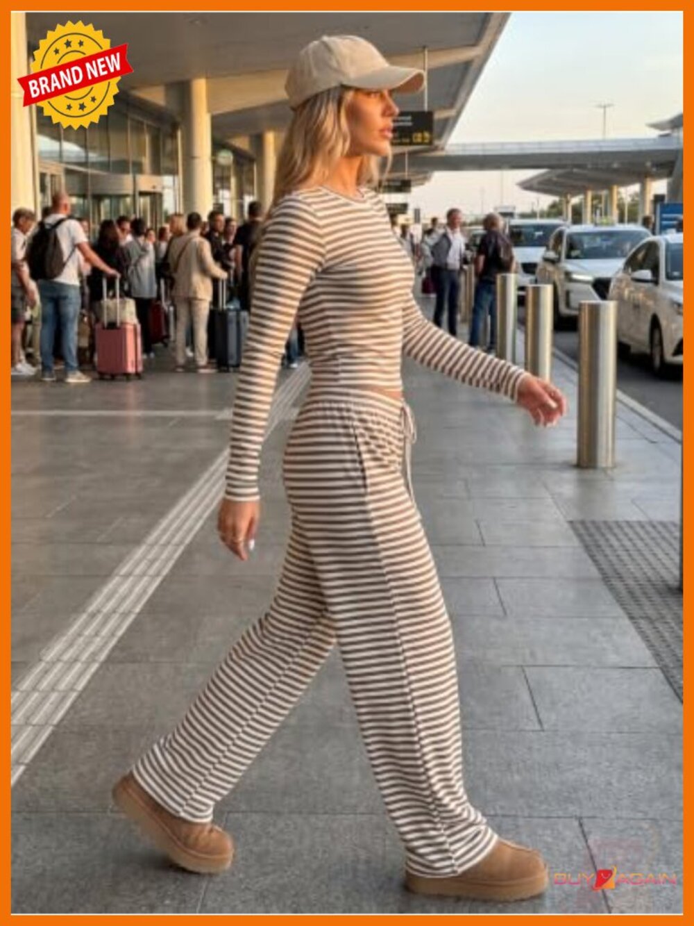 Ribbed Striped Long Sleeve Crewneck Wide Leg Lounge Set with Pockets - Picture 5 of 6